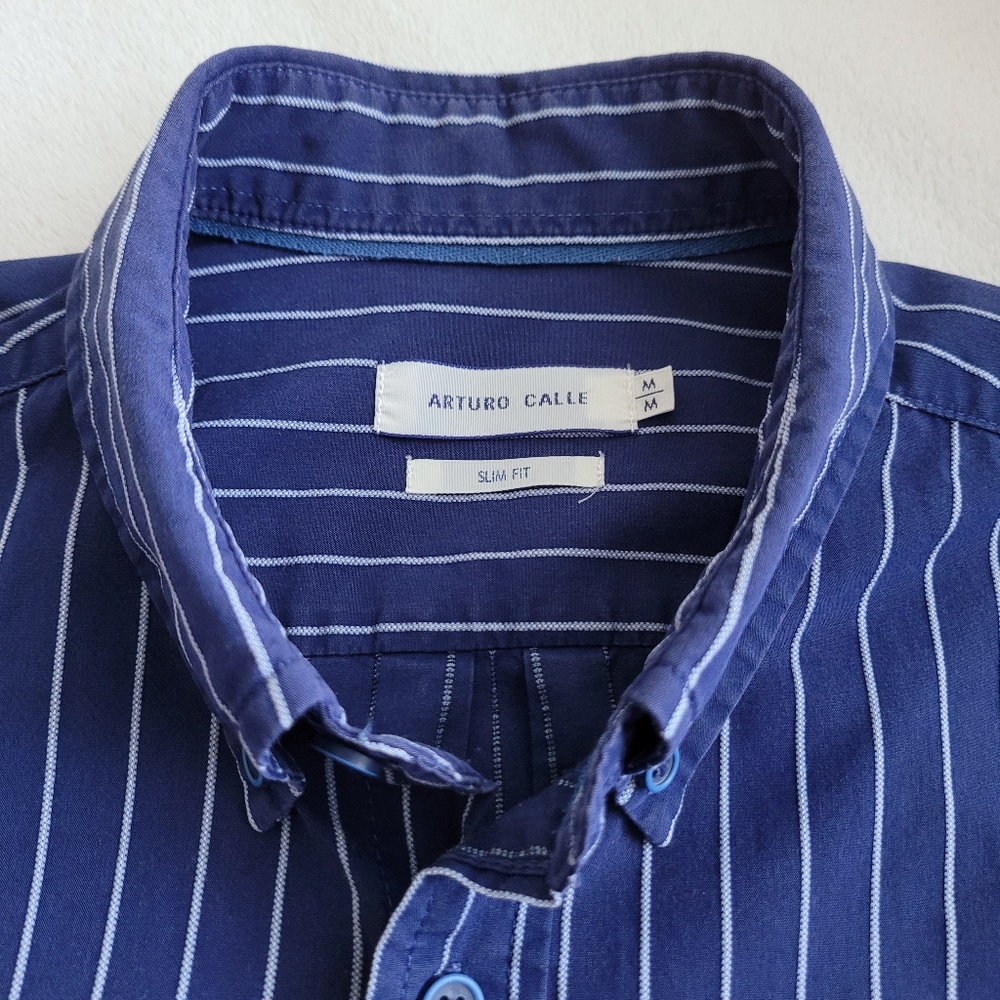 AC | Men's Slim Fit Striped Short Sleeve Button-Down Shirt EUC Medium - Picture 6 of 15